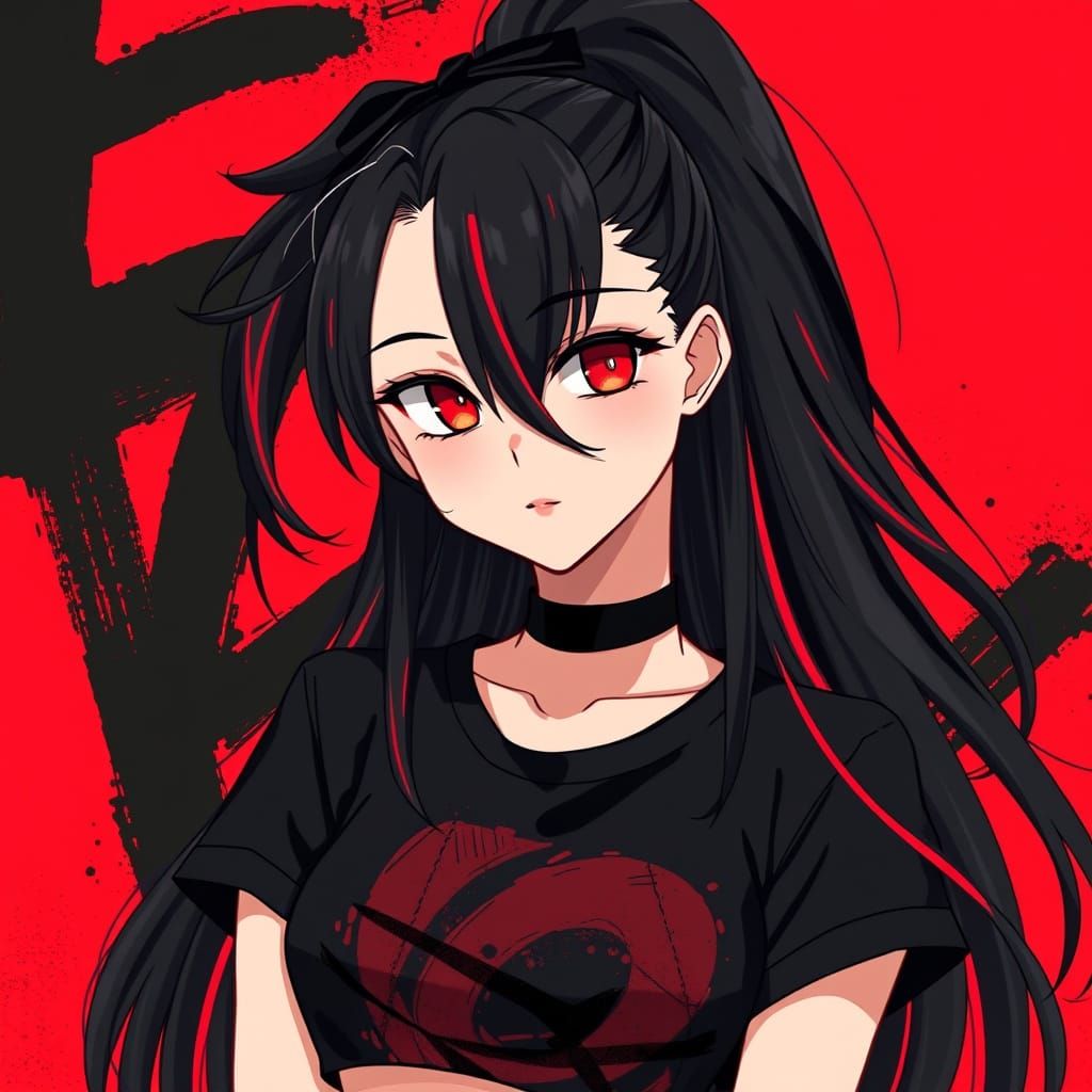 Anime-Style Portrait of Woman with Red-Streaked Hair