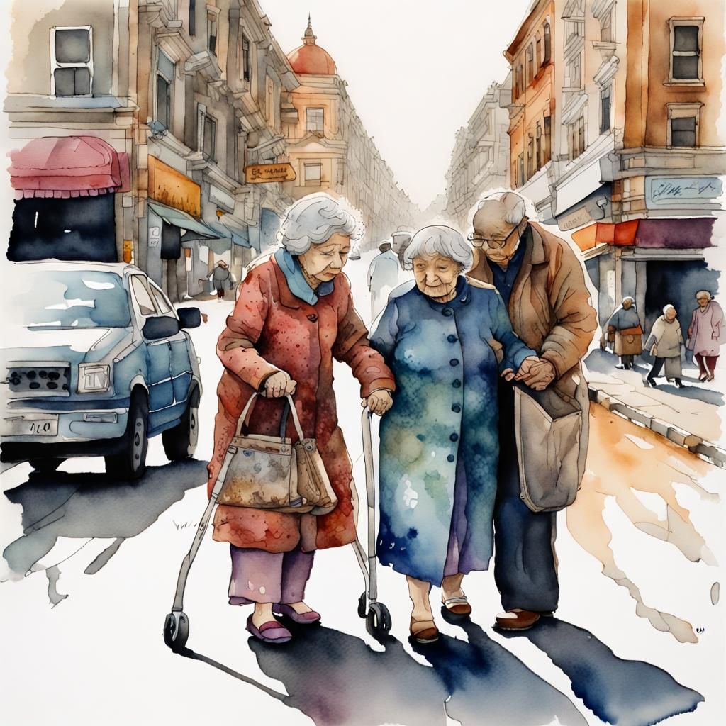 Helping Hands: Watercolor Street Scene