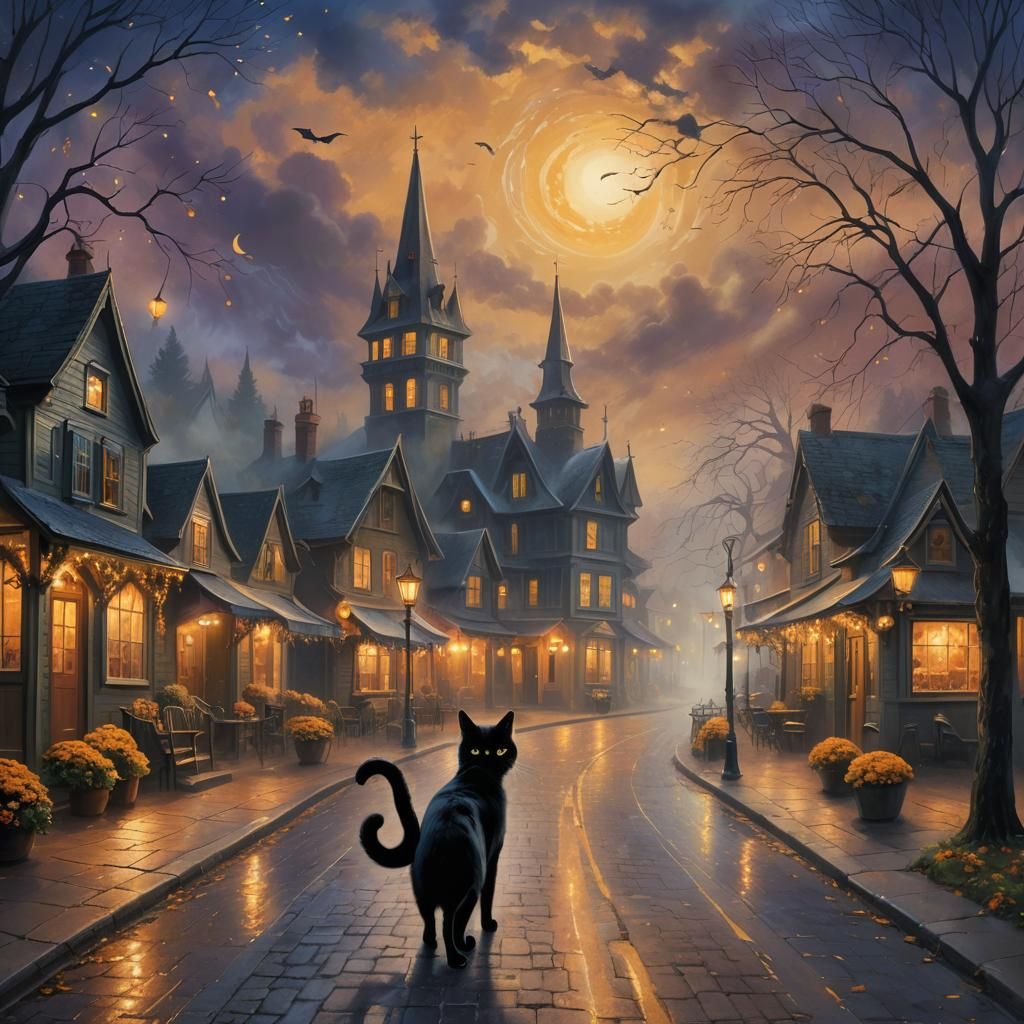 Halloween Cat Midnight Walk Illustration in Kinkade Style
