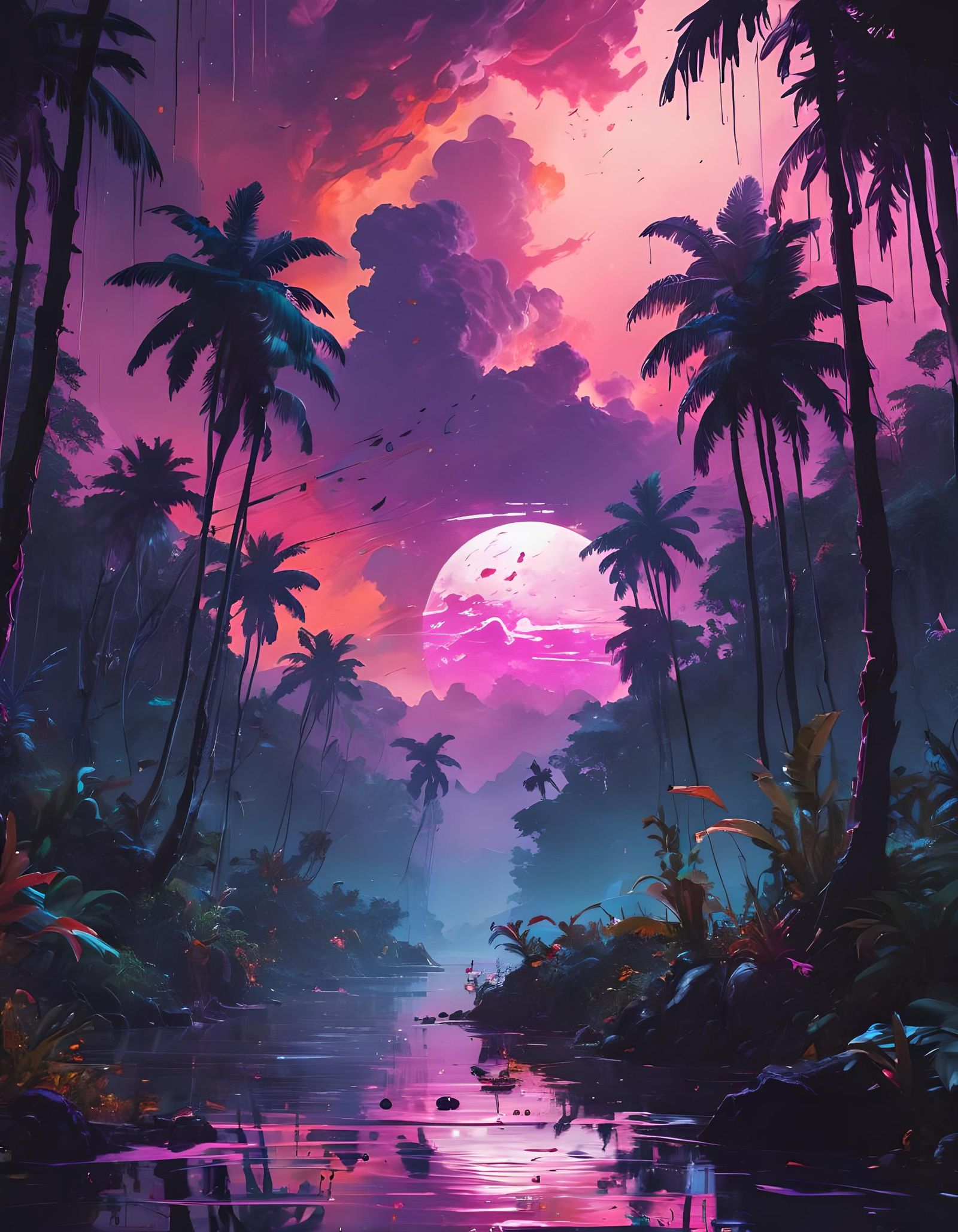 Vaporwave Rainforest Landscape with Blood Moon