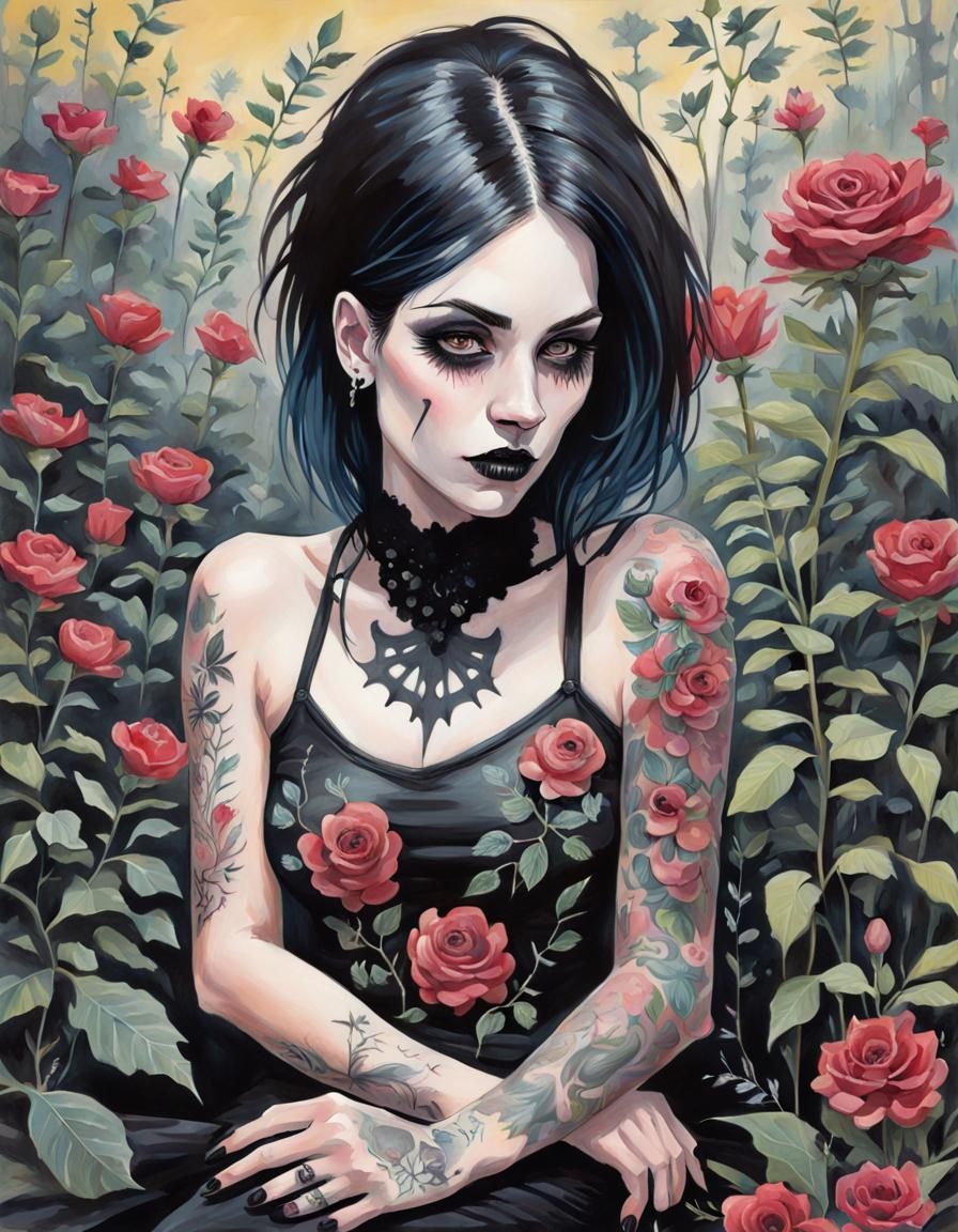 Gothic Woman in Gouache Painting with Flowers