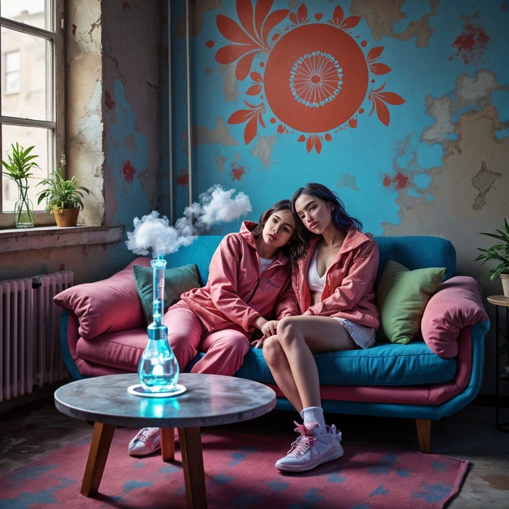 High on a Rainbow Couch in Cyberpunk Apartment