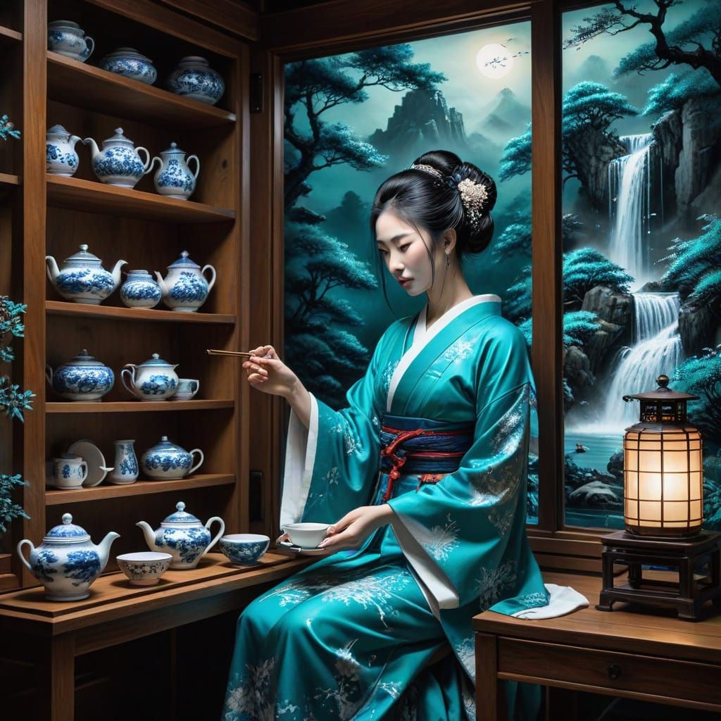 Astral Geisha Prepares Tea in Ink Wash Garden