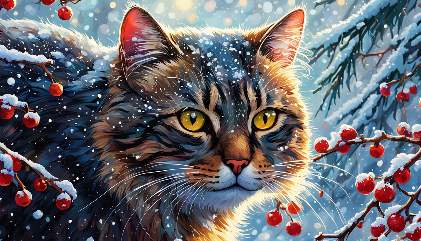 Cat Exploring Winter Garden in Comic Book Style