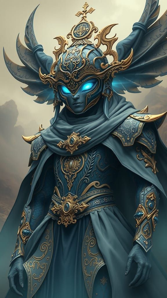 Ethereal Biomechanical Figure in Fantasy Scene