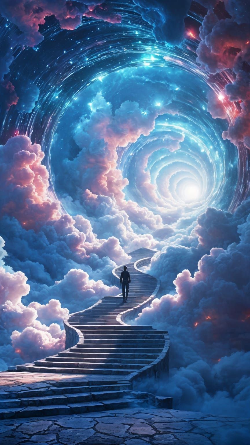 A Man Enters a Vibrant Spiral Portal to a Dreamy World