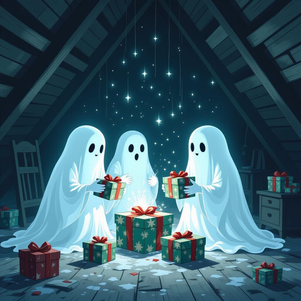 Ethereal Ghosts Open Gifts Under Dead Christmas Tree