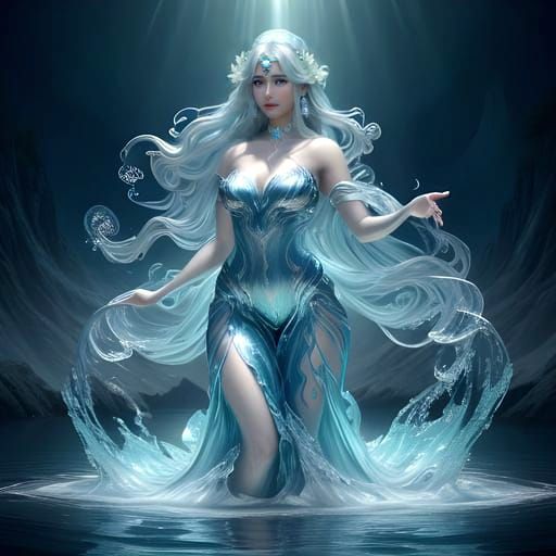 Radiant Water Elemental Woman Emerges from Lake