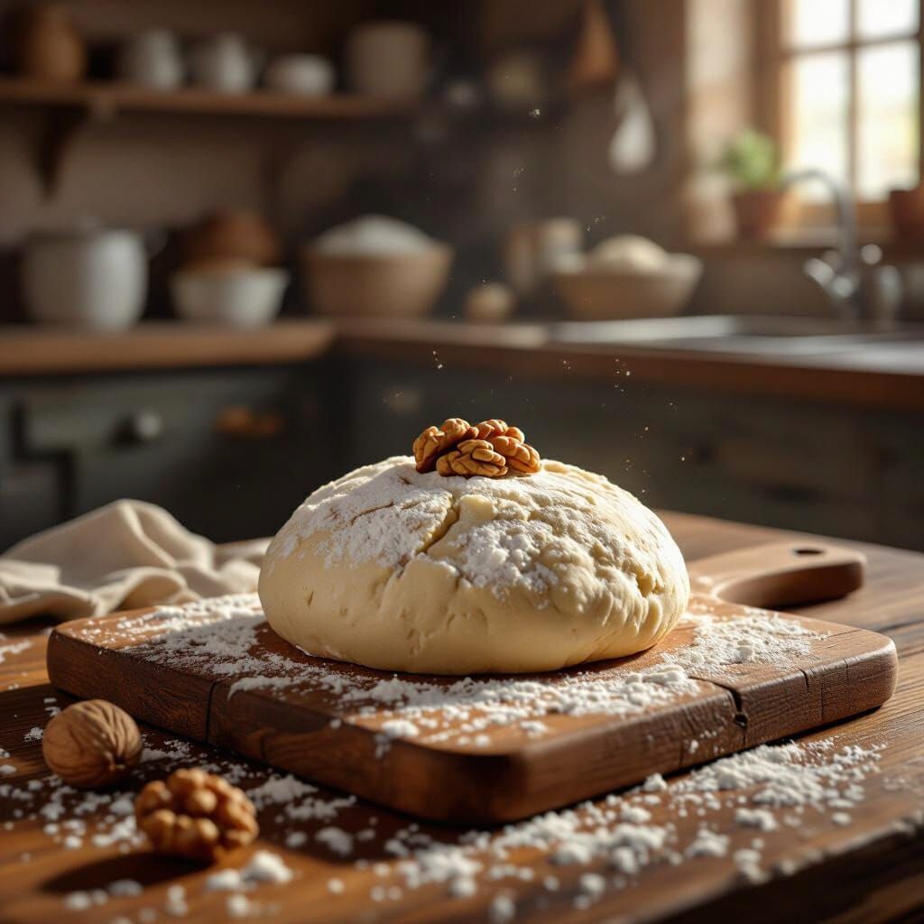 Hyperrealistic Concept Art of Dough and Walnut in Bakery