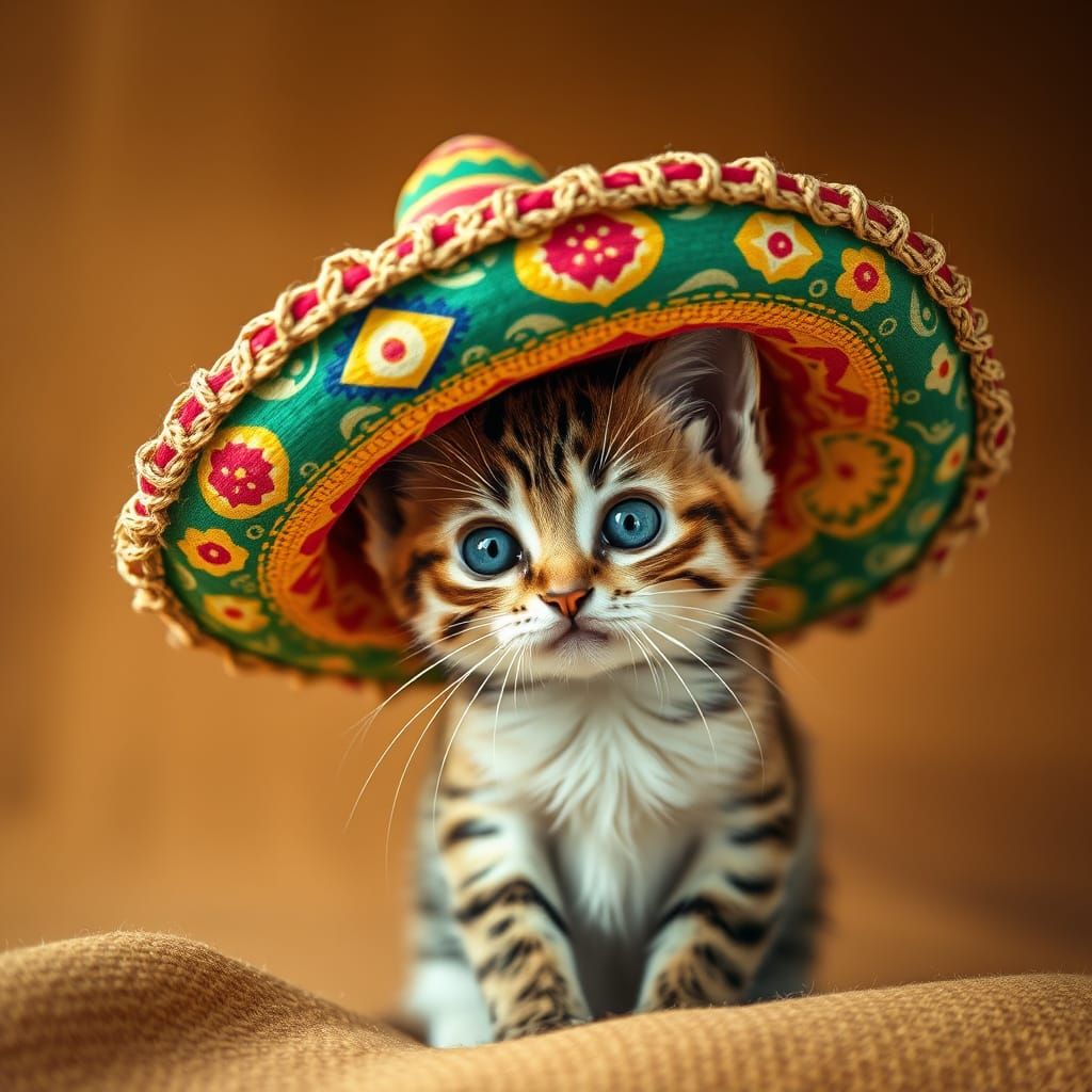 Kitten in Sombrero: Photorealistic Portrait