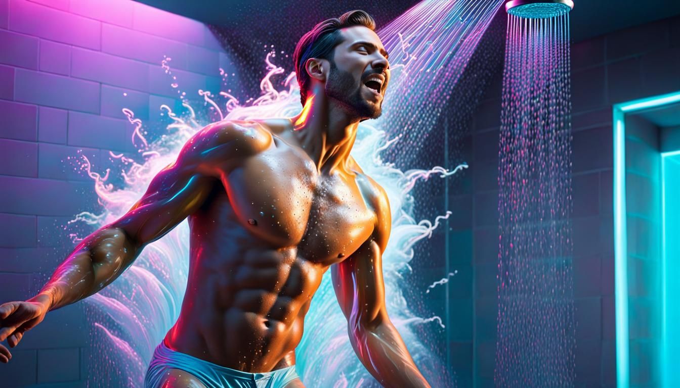 Neon Musical Notes Surround Showering Man