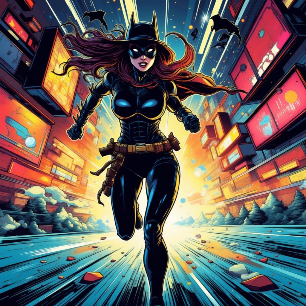 Female Warrior Sprinting Through Art Deco Gotham
