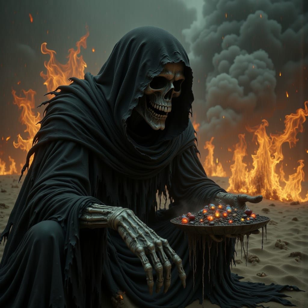 Grim Reaper Amidst Fiery Ashes in a Desolate Landscape