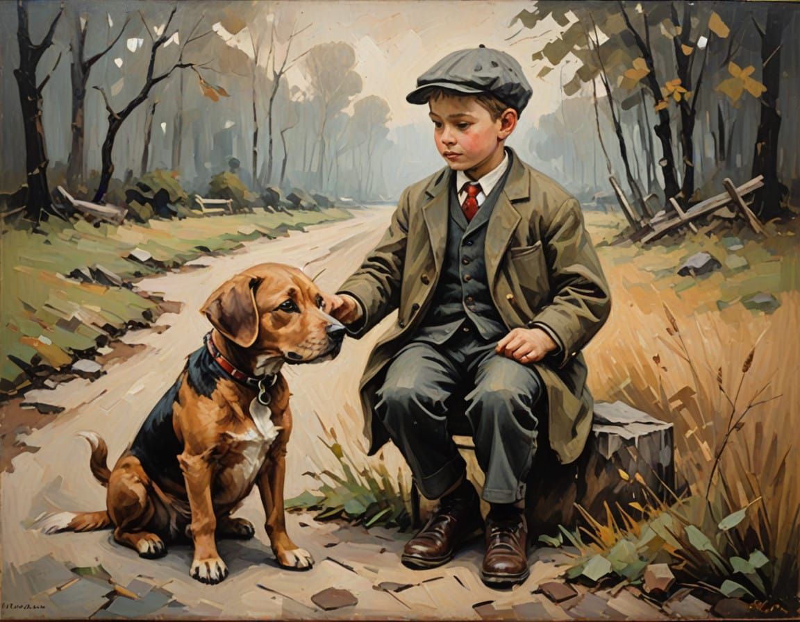 Boy and Loyal Dog in a Rustic Oil Painting