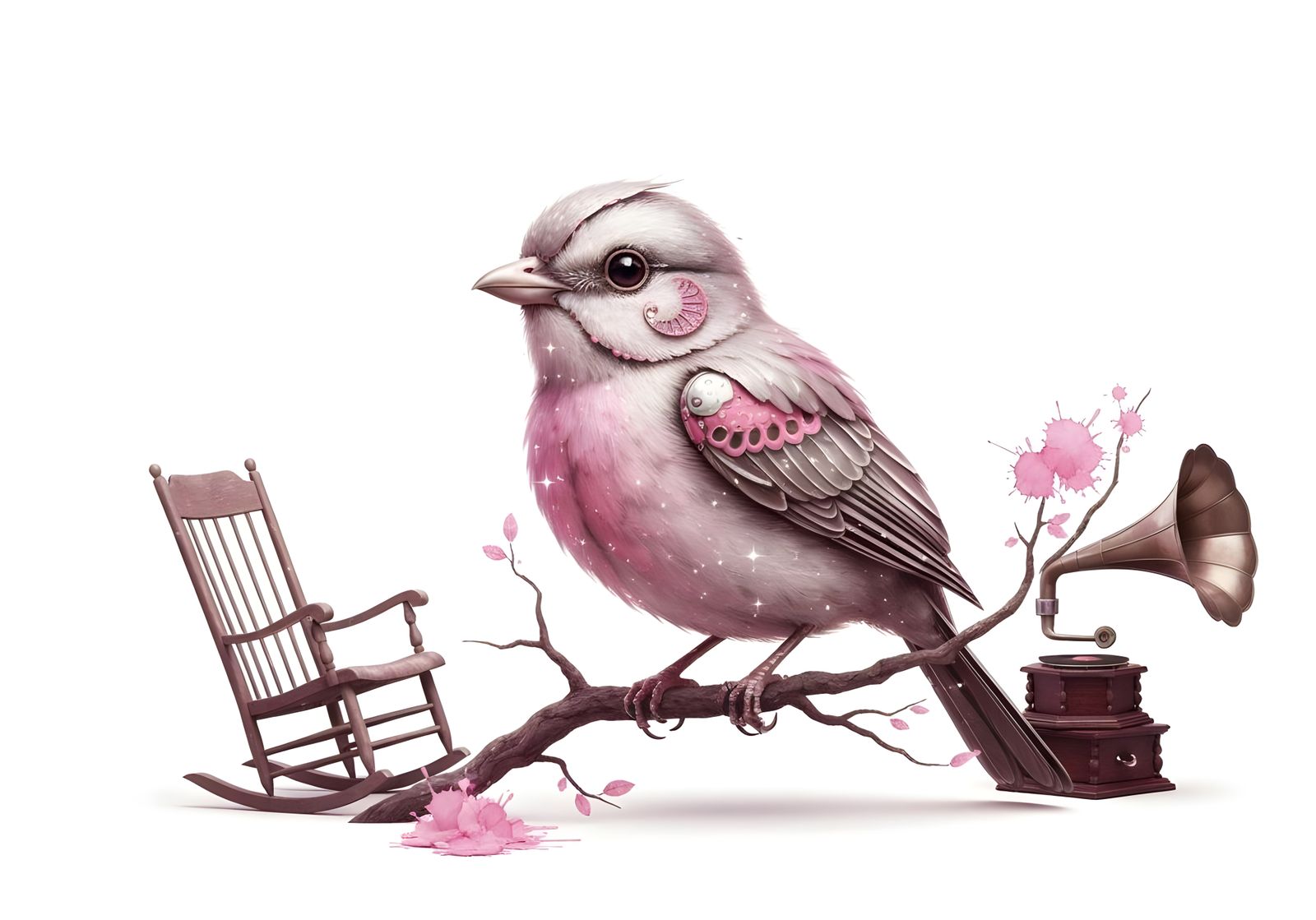 Victorian Sumi-e Bird on Branch, 50s Whimsy