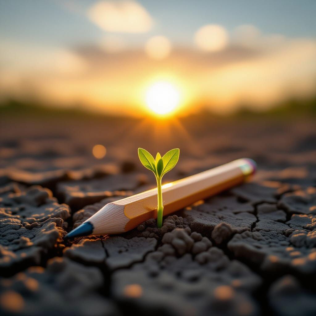 Pencil and Sprout in Golden Hour Glow