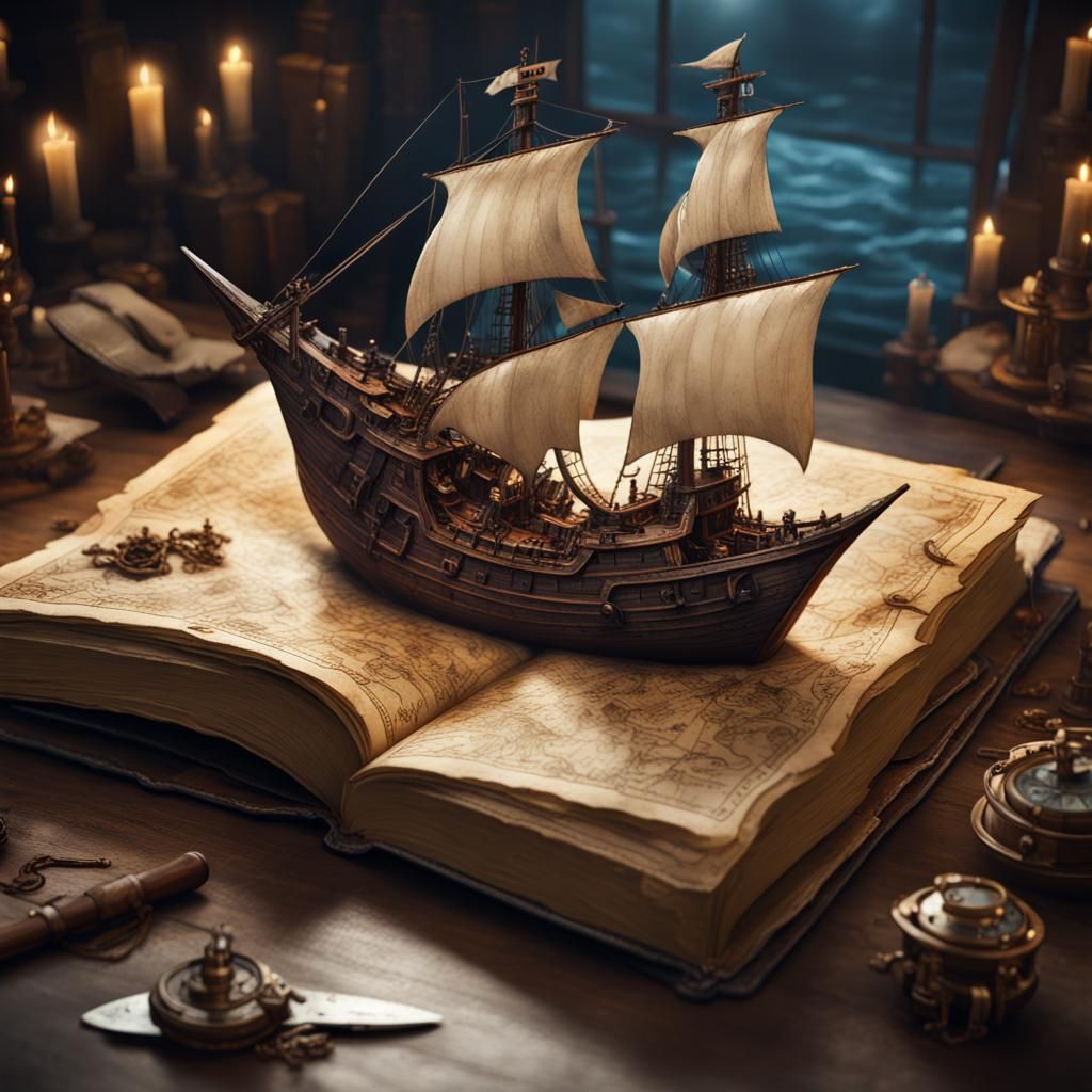 Shark Attack on Pirate Ship: Dark Fantasy Art