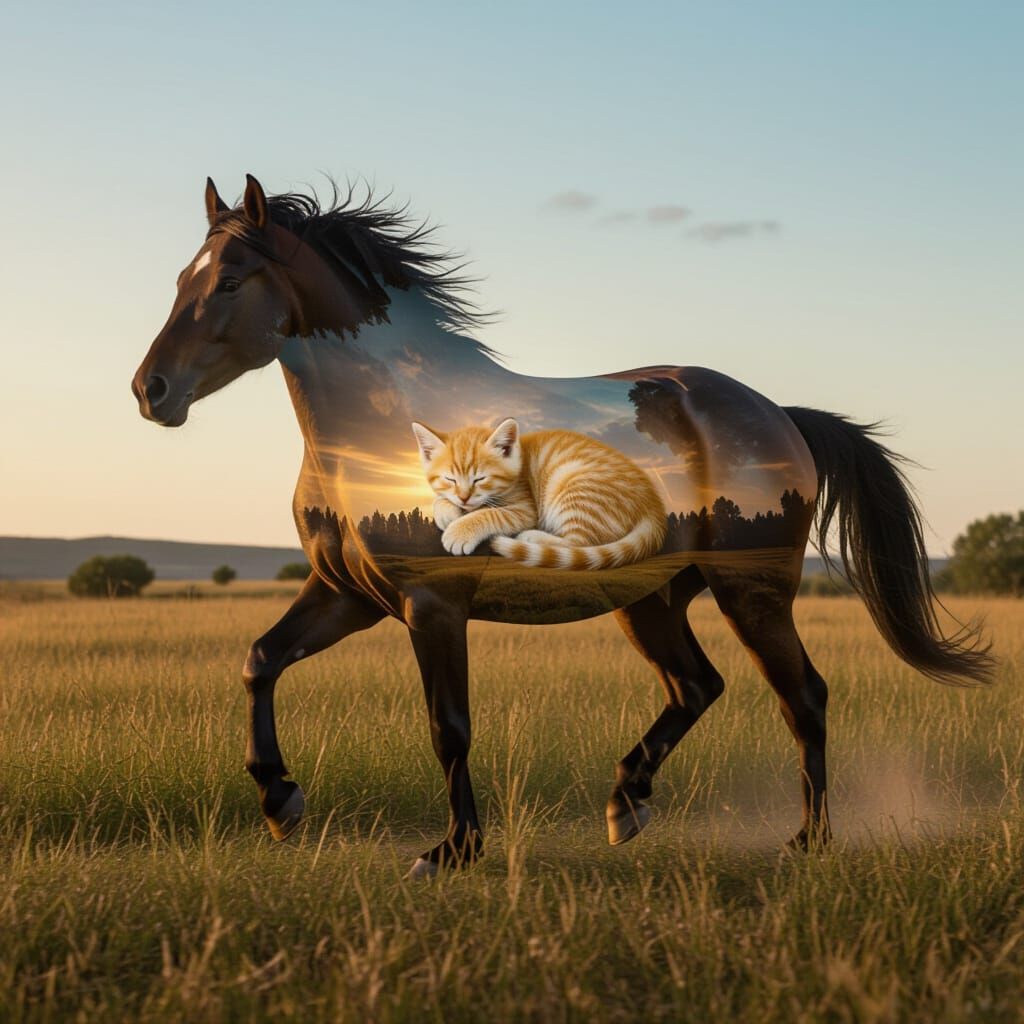 Surreal Double Exposure: Horse Silhouette with Sleeping Kitt...