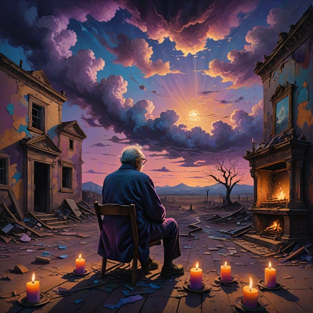 Eerie Old Man in Abandoned Place as Oil Painting