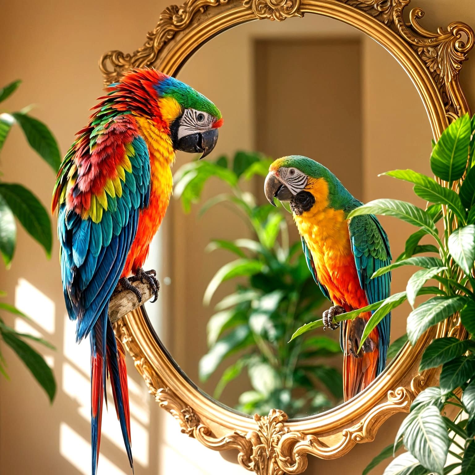 Parrot in Reflection - Realistic Bird Portrait