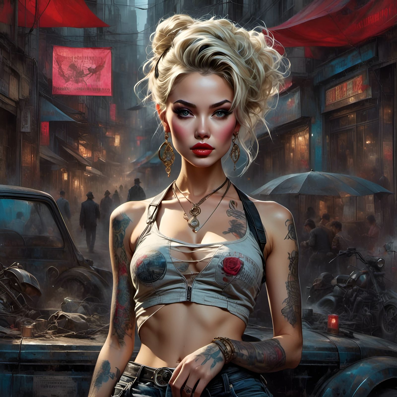 Cyberpunk Rockabilly Pinup in Retro Watercolor Style