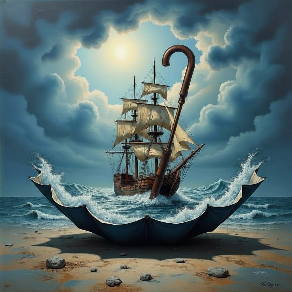 Surreal Umbrella Ocean with Sailing Ship