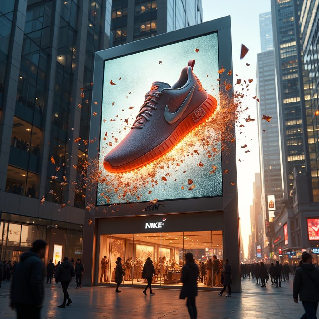 Nike Sneaker Billboard in Golden Hour Cityscape