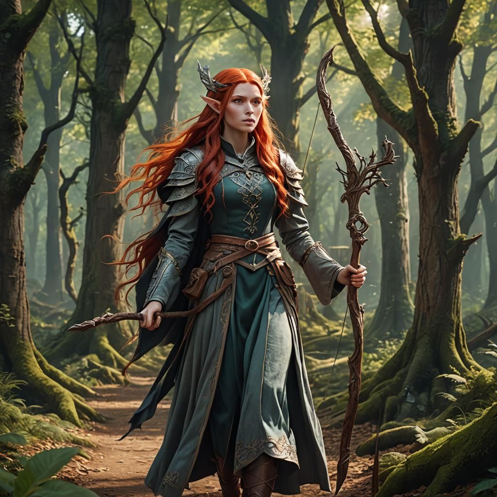 Red-Haired Sorceress in Forest, Anime Style