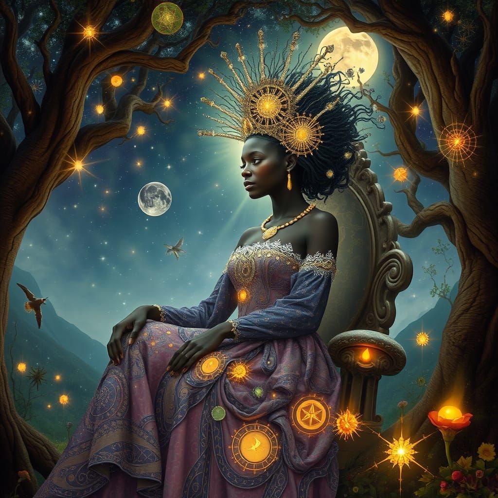 Celestial African Queen in Art Nouveau Style