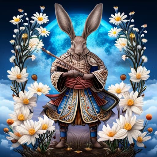 Samurai Rabbit Surrounded by Flowers in Manga Style