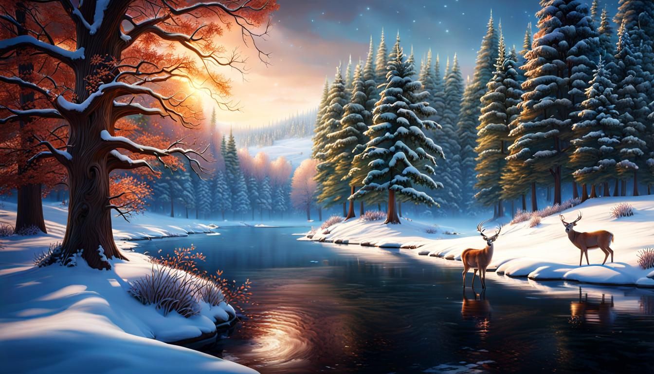 Winter River Scene with Deer: Fantasy Concept Art