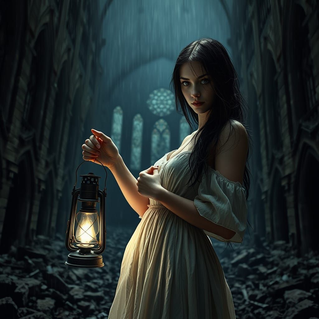 Surreal Portrait of a Hauntingly Beautiful Woman in a Ruined...