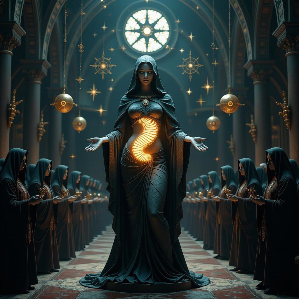 Cathedral Birthing Scene in Mystic Surrealism Style