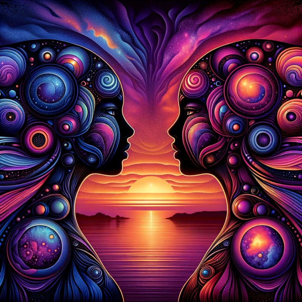 Cosmic Women Silhouettes Against a Psychedelic Sunset