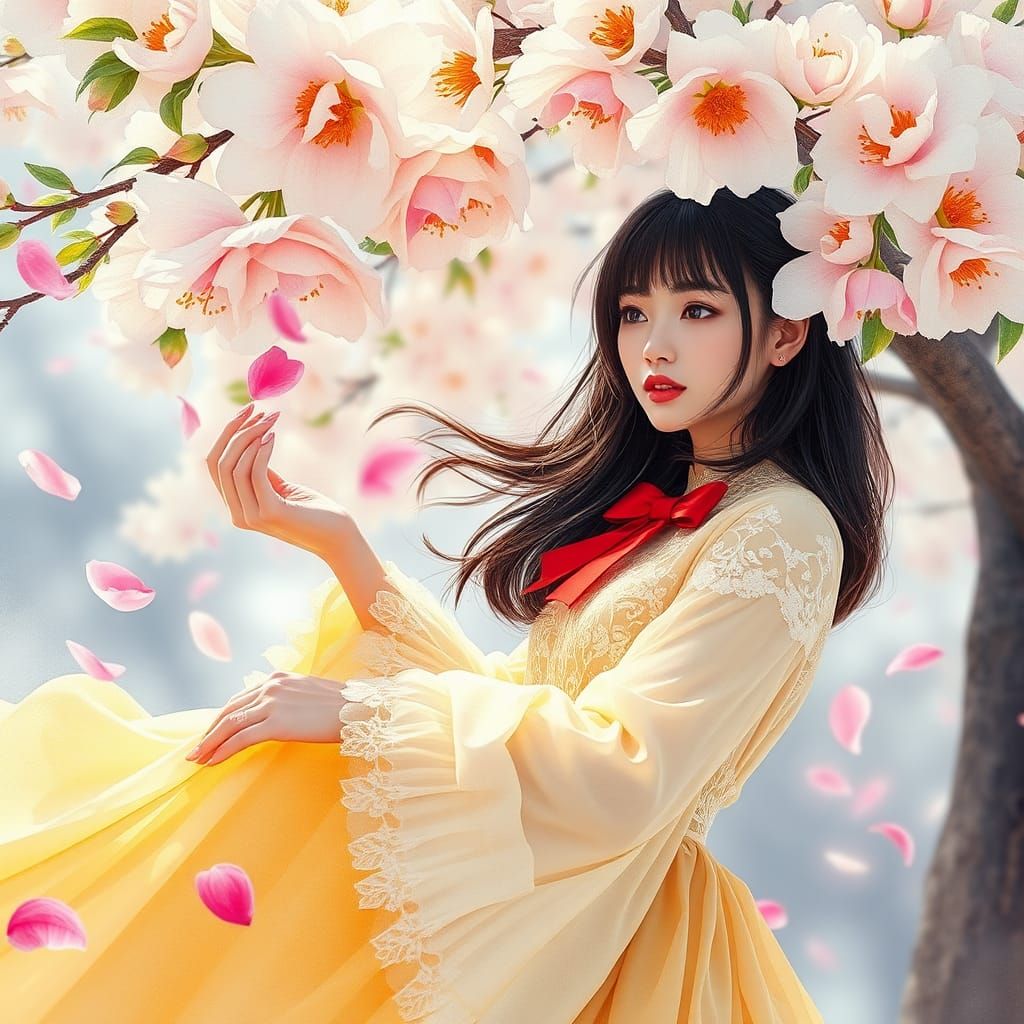 Woman Under Peony Tree in Vibrant Watercolor Line Art