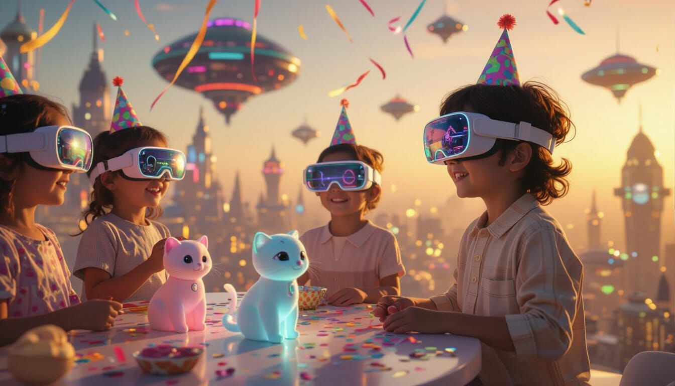 Joyful Childhood Birthday in a Futuristic Sky City