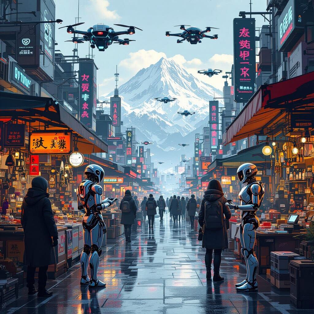 Futuristic Cityscape with Robots and Flying Gadgets