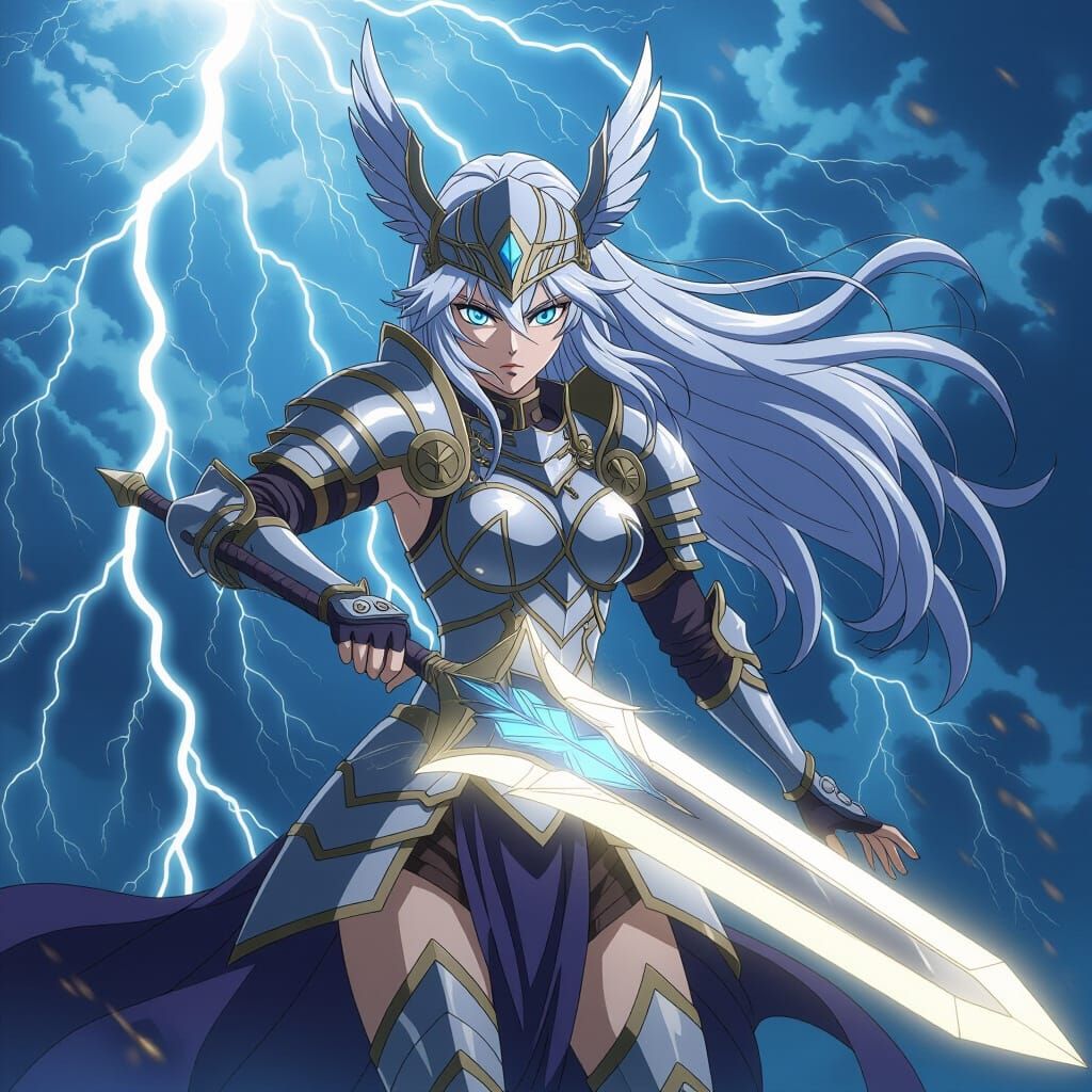 Anime Valkyrie with Glowing Sword in Kou Yoshinari Style