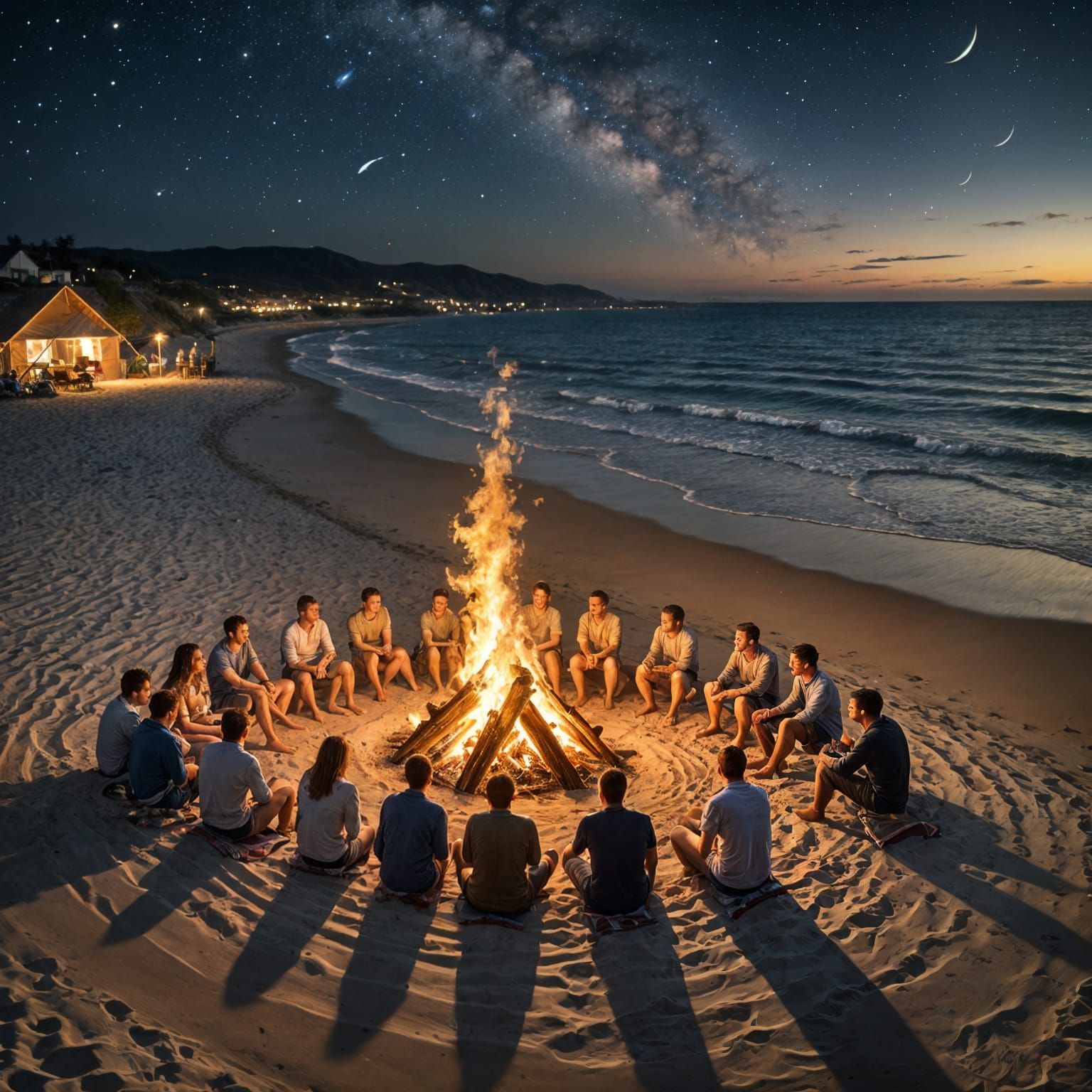 Beach Bonfire Party Under Starry Night Sky
