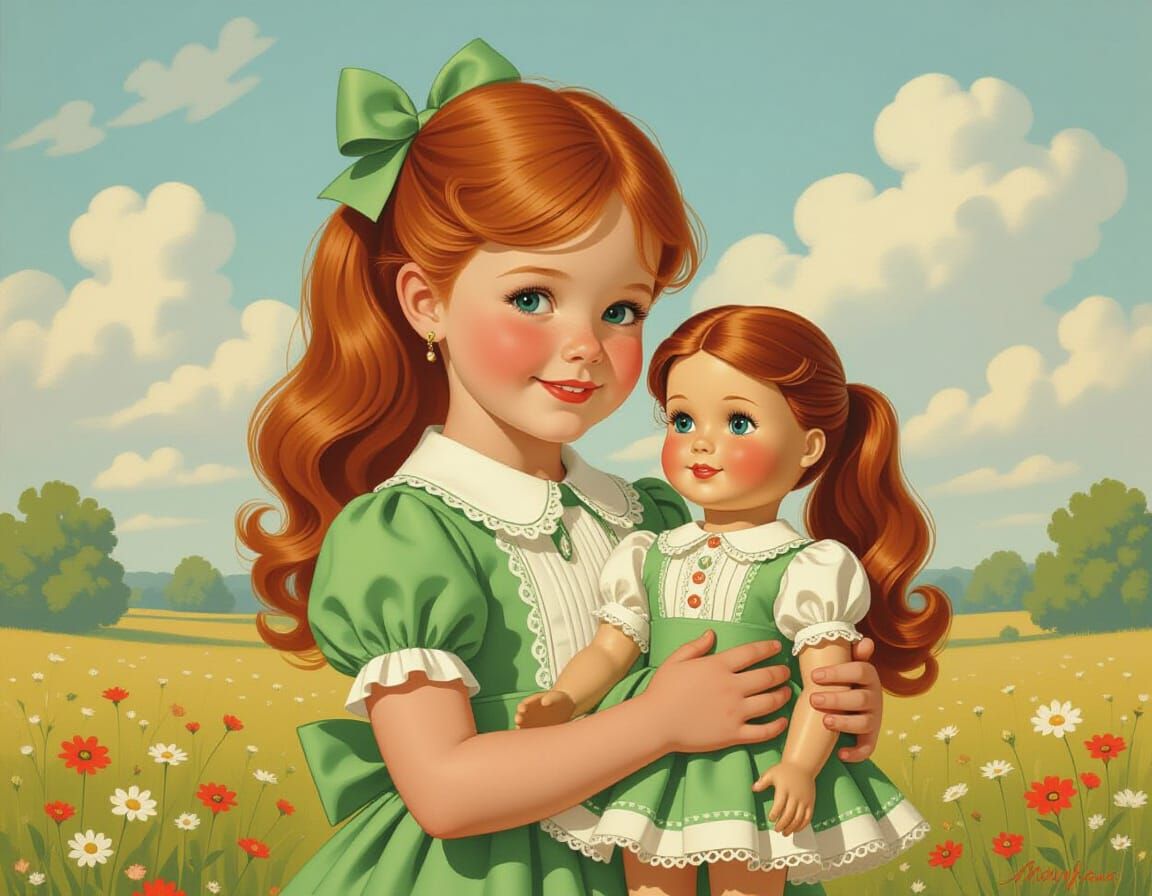 Redhead Girl with Doll in Whimsical Vintage Style