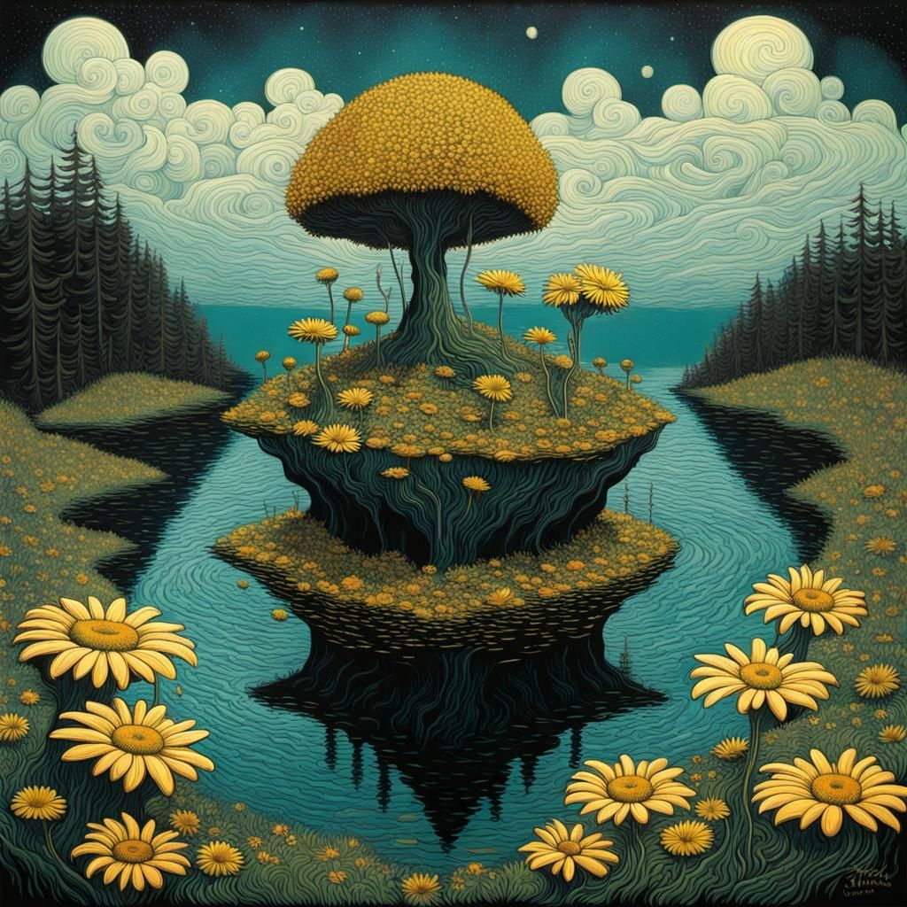 Escher-Inspired Floating Island with Daisies in Pop Art