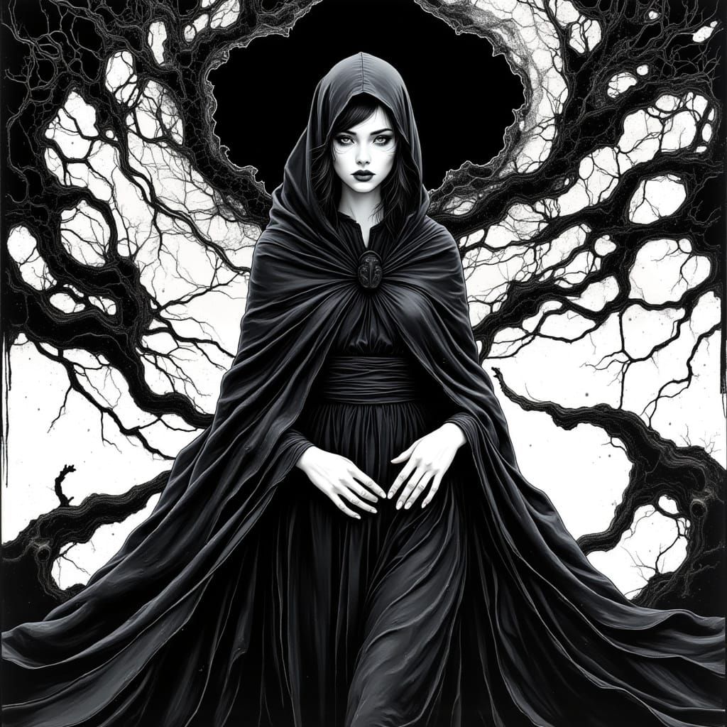 Monochrome Ink Illustration of Woman in Shadows