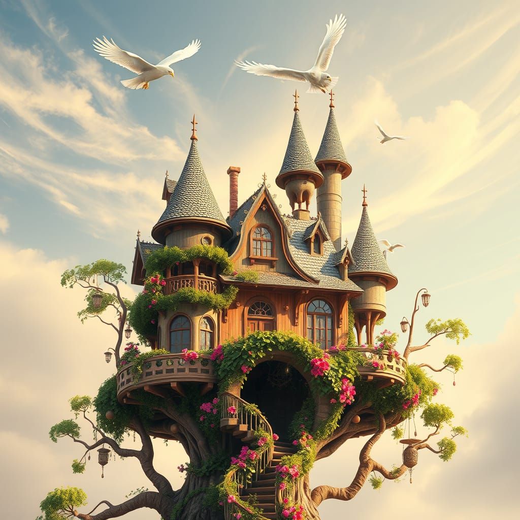 Whimsical Treehouse Castle in Vibrant Fantasy Style