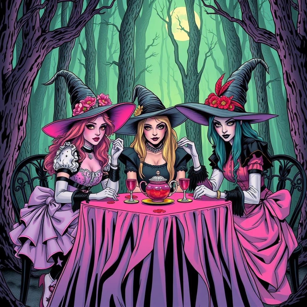 Witches' Poisonous Tea Party in Comic Book Style