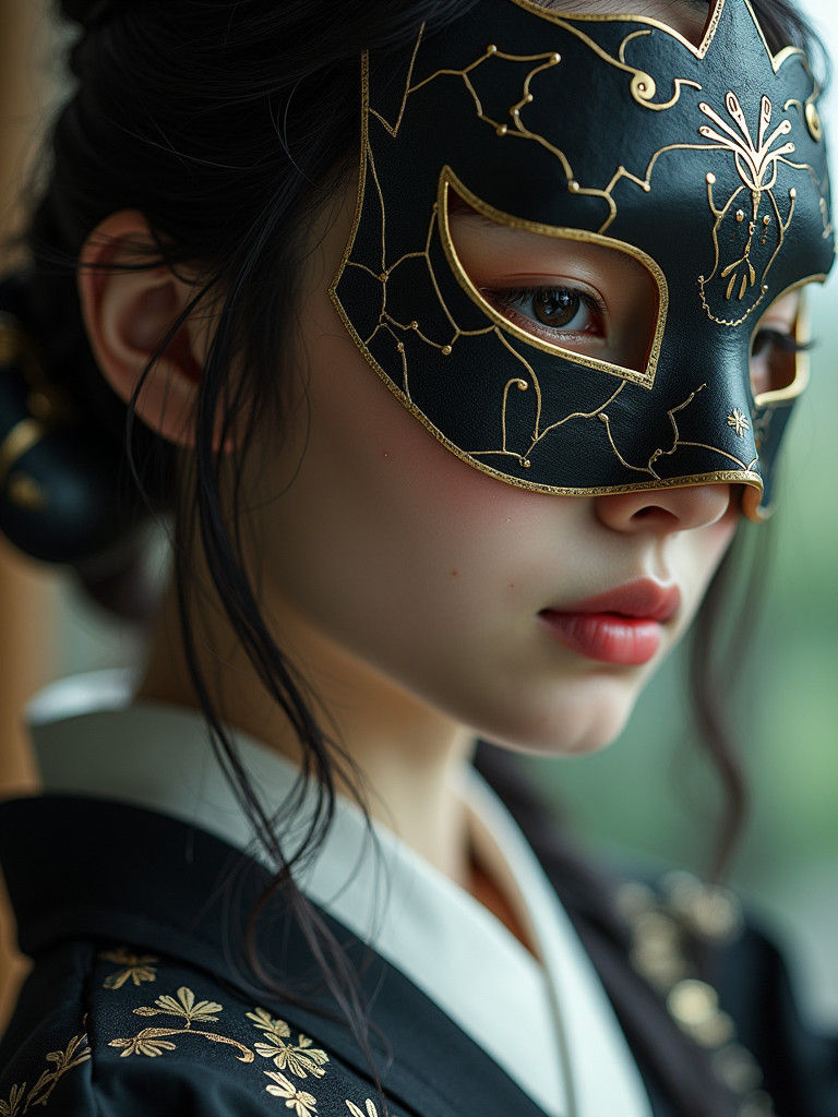 Geisha with Kintsugi Mask and Katana