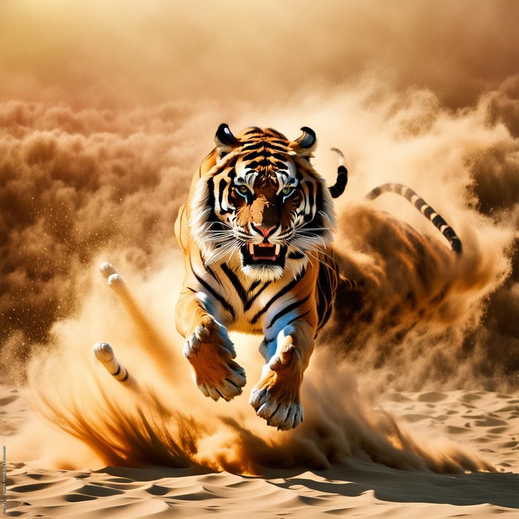 Vivid Tiger Leaping from Hazy Sandstorm