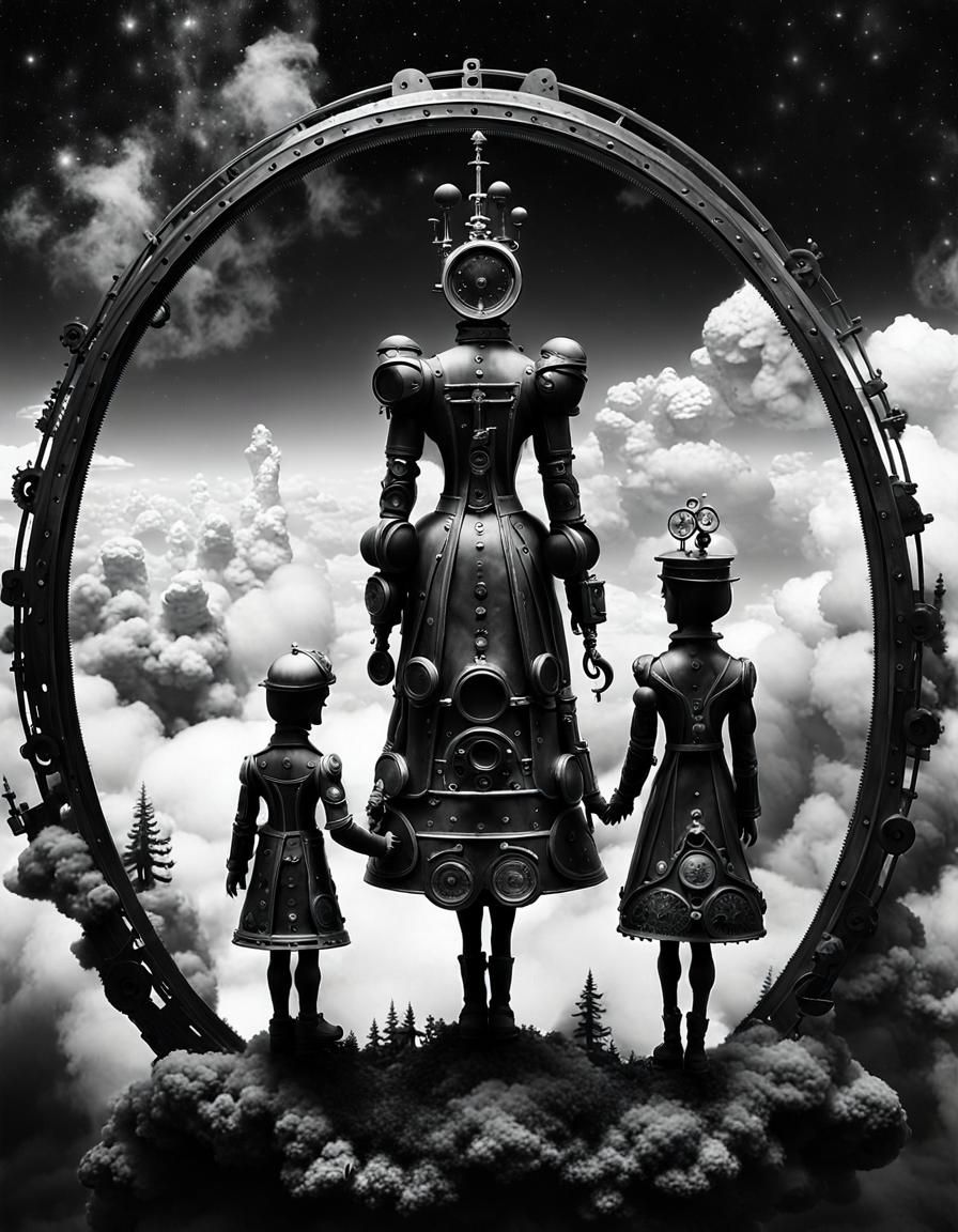Black and White Portrait of a Steampunk Noble Family v5