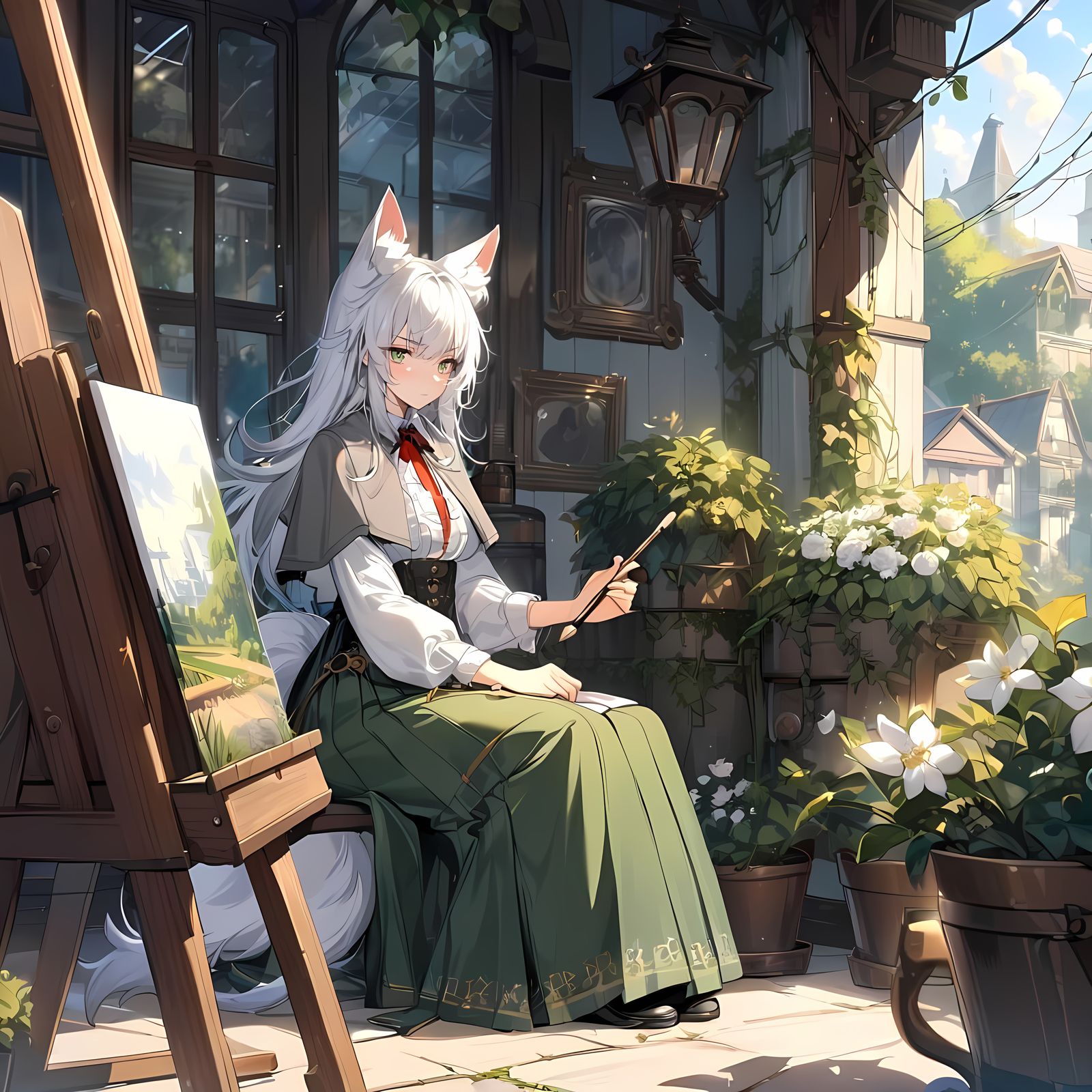 Serene Victorian Wolf-Girl Paints Masterpiece in a Sunlit Ga...