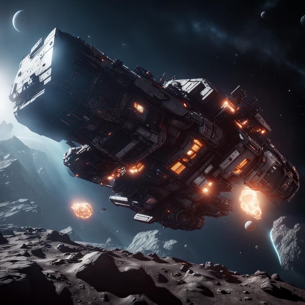 Spaceship Mining Asteroid in Epic 3D Style