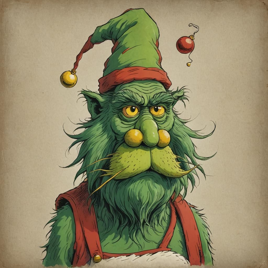 Seuss-like grouchy, green-furred creature with a lean, wiry ...